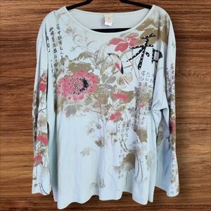 Jess and Jane Light Blue Eastern Flower 3/4 Sleeve Top. Sz. 2x